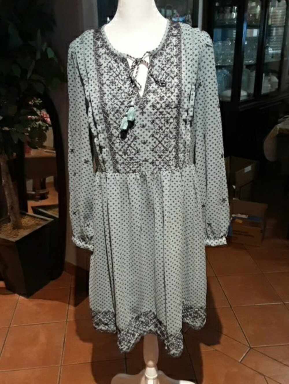 Boho Tie-Neck Long Sleeve Midi Dress in Light Blue - Picture 2 of 9